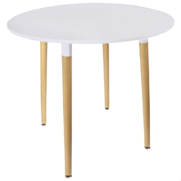 DUO Mesa redonda blanca patas madera haya barn. diam.76xh75.5 cm
